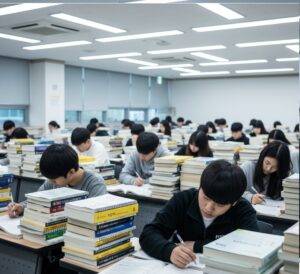 대치동 학원의 넓은 강의실에서 수많은 학생들이 각자의 책상에 앉아 두꺼운 교재와 문제집 더미 속에서 필기하며 수업에 집중하고 있다.
