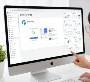 구글 슬라이드의 마스터 슬라이드 편집 화면과 그에 따라 디자인이 일관되게 적용된 여러 슬라이드 미리 보기.