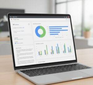 구글폼의 '응답' 탭 화면. 원형 그래프, 막대 그래프, 텍스트 응답 요약 등 다양한 형태로 설문 결과가 시각적으로 분석되어 표시되어 있습니다.