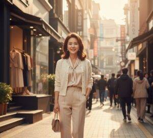 해 질 녘 쇼핑가 거리에서 베이지색 블라우스와 바지, 진주 장식 가디건을 입고 미소 짓는 50대 여성. 가방을 들고 세련된 모습으로 카메라를 응시하고 있다.