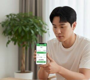 남성이 SSG닷컴 앱에서 최종 결제 화면을 보여주고 있다. 화면에는 '총 상품금액 75,800원', '쿠폰할인 -7,580원', '카드사 즉시할인 -3,411원'이 적용되어 최종 결제 금액이 '64,809원'으로 표시되어 있다.