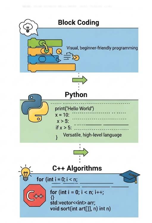 블록코딩, 파이썬, C++ 알고리즘으로 이어지는 코딩 학습 단계별 성장 과정 인포그래픽