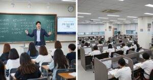 재수종합학원과 독학재수학원을 비교하는 인포그래픽. 왼쪽에는 강사가 판서하며 학생들을 가르치는 재수종합학원 수업 모습과 '최적화된 강좌 + 밀착 관리' 문구가 있고, 오른쪽에는 칸막이 독서실에서 학생들이 각자 공부하는 독학재수학원 모습과 '자율 학습 + 비용 절감' 문구가 있다.