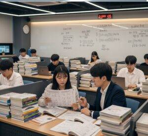  학원 자습실에서 한 여학생이 질문지를 들고 옆자리의 튜터나 선생님으로 보이는 남성에게 설명을 듣고 있다. 주변 다른 학생들도 책상 가득 쌓인 교재와 노트북을 앞에 두고 공부하고 있다.
