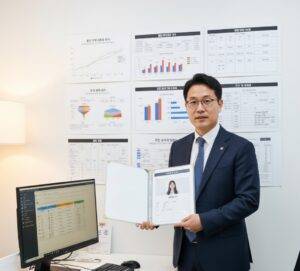 학원 원장이 학생의 학습 데이터와 프로필이 담긴 파일을 들고 서 있고, 뒤편 벽에는 다양한 그래프와 통계 자료가 붙어 있다.