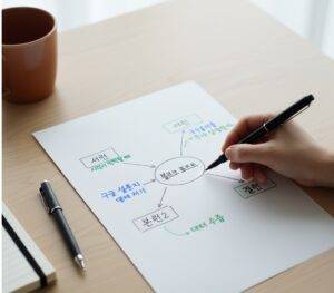 빈 종이에 손글씨로 '서론', '본론1', '본론2', '결론' 등 글의 구조를 나타내는 단어들이 적혀 있고, 각 단어 아래에는 아이디어를 나타내는 화살표와 키워드들이 연결되어 스케치된 모습. 구글 설문지처럼 구조화된 생각을 시각적으로 표현한 이미지.