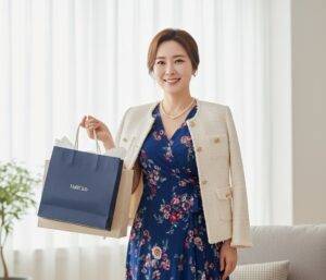 40대 후반의 여성이 하프클럽에서 구매한 듯한 세련된 플라워 패턴 원피스와 트위드 자켓을 입고, 하프클럽 쇼핑백을 든 채 행복하게 웃고 있다.
