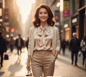해 질 녘 도심 거리에서 베이지색 실크 블라우스와 바지, 진주 장식 가디건을 입고 환하게 웃고 있는 세련된 50대 여성. 손에는 베이지색 가방을 들고 있다.