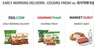 SSG FRESH 로고가 있는 보냉팩과 'REFRIGERATED' 라벨이 붙은 종이 박스, 그리고 과자가 담긴 또 다른 종이 박스 등 SSG닷컴 새벽배송으로 도착한 상품들이 각 온도에 맞춰 포장되어 정돈된 모습.