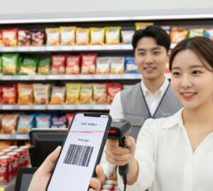 이마트24와 같은 편의점 계산대에서 고객이 SSG페이 앱의 바코드를 점원에게 보여주어 스캐너로 결제하는 장면. 스마트폰 화면에는 'SSG MONEY' 결제 방식과 바코드가 선명하게 보이며, 고객과 점원 모두 미소를 띠고 있다. 배경에는 다양한 과자들이 진열되어 있다.