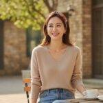 CJ온스타일, 단독 상품 추천,더엣지 시그니처,캐시미어 니트와 청바지를 입고 야외 카페에서 커피를 마시며 미소 짓는 여성, 머리에 스카프를 두르고 있음