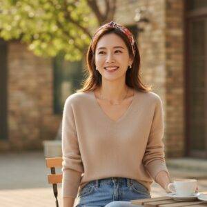 CJ온스타일, 단독 상품 추천,더엣지 시그니처,캐시미어 니트와 청바지를 입고 야외 카페에서 커피를 마시며 미소 짓는 여성, 머리에 스카프를 두르고 있음