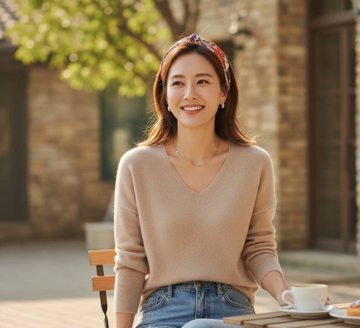 CJ온스타일, 단독 상품 추천,더엣지 시그니처,캐시미어 니트와 청바지를 입고 야외 카페에서 커피를 마시며 미소 짓는 여성, 머리에 스카프를 두르고 있음
