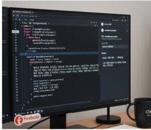 어두운 테마의 모니터 화면에 Genkit의 index.ts 파일이 열려 있고, Gemini AI 모델을 활용한 menuRecommender Flow 코드가 상세히 보인다. 화면 우측에는 Genkit 개발자 UI에서 해당 Flow를 실행하여 메뉴를 추천받은 결과가 나타나 있다.