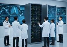 루닛 인사이트 CXR(흉부 X-ray)과 루닛 인사이트 MMG(유방촬영술)의 성능 지표가 표시된 의료 AI 인터페이스 앞에서 두 명의 의료진이 태블릿을 들고 토론하고 있는 모습. 배경에는 서버 랙이 줄지어 서 있어 데이터 처리 환경을 암시한다. 각 화면에는 질환 검출 영역이 강조된 흉부 및 유방 영상과 함께 AUROC 수치 및 학술 논문 정보가 명시되어 있다.