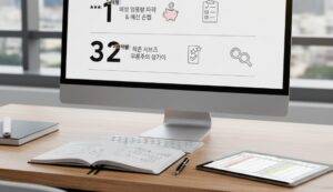 사무실 책상 위 모니터 화면에 '우리 사무실 맞춤 커피 복지 선택 3단계 가이드'라는 문구와 함께 1, 2, 3단계별 아이콘과 설명이 깔끔하게 정리되어 있다.