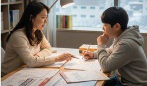 학부모와 예비고1 학생이 함께 책상에 앉아 학원 자료를 보며 진지하게 대화하는 모습입니다.