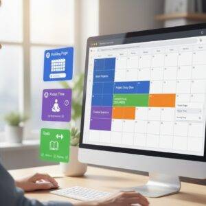 남성이 컴퓨터 모니터의 구글 캘린더를 보며 'Booking Page', 'Focus Time', 'Goals' 기능 아이콘이 떠 있는 모습을 보고 있다.