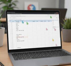 여러 명의 팀원이 각기 다른 색깔의 커서로 하나의 구글 시트 문서에 동시에 작업하고 있는 모습. 시트에는 설문 응답 데이터가 깔끔하게 정리되어 있습니다. 협업의 효율성을 보여주는 이미지.