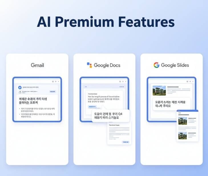 구글원(google one): Gmail, Google Docs, Google Slides에서 Gemini AI가 텍스트 요약, 초안 작성, 프레젠테이션 제작을 돕는 화면을 보여주는 세 개의 스마트폰 목업 이미지.