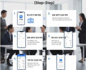 비바리퍼블리카 주가: '토스 장외주식 사는 법 (Step-by-Step)'이라는 제목 아래, 스마트폰 화면을 통해 앱 설치 및 계좌 연동, 종목 확인, 매수/매도 게시판 이용, 거래 체결 과정을 보여주는 5단계 가이드가 시각적으로 설명되어 있다. 배경에는 비즈니스 미팅 중인 사람들이 흐릿하게 보인다.