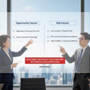 번화가 한가운데 대형 디지털 전광판에 'VIVA REPUBLIC IPO' 문구와 함께 상승하는 그래프, 'TOSS', 'NASDAQ?' 등이 표시되어 있고, 아래에는 정장 차림의 사람들이 각자 스마트폰과 태블릿을 들여다보고 있는 모습.