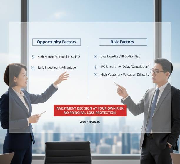 번화가 한가운데 대형 디지털 전광판에 'VIVA REPUBLIC IPO' 문구와 함께 상승하는 그래프, 'TOSS', 'NASDAQ?' 등이 표시되어 있고, 아래에는 정장 차림의 사람들이 각자 스마트폰과 태블릿을 들여다보고 있는 모습.