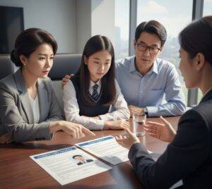 아이비리그를 상징하는 고풍스러운 대학 건물 앞에 선명한 졸업 학사모가 놓여 있고, 그 주위로 금화와 서류들이 쌓여 있는 모습. 교육에 대한 높은 투자와 성공적인 결실을 상징적으로 보여주는 이미지.