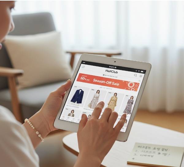 한 여성이 거실에서 태블릿으로 하프클럽 앱의 'Season-Off Sale' 페이지를 스크롤하며 쇼핑하고 있다. 옆 테이블에는 '하프클럽 쇼핑 꿀팁'이 적힌 메모지가 놓여 있다.