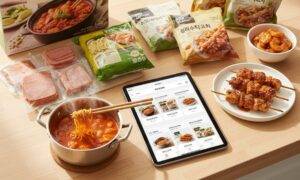 피코크 의정부 부대찌개 밀키트와 노브랜드 닭꼬치, 칠리새우 등 SSG닷컴에서 추천하는 간편식 및 냉동식품들이 조리된 모습과 포장 상태로 함께 놓여있고, 옆에는 SSG닷컴 앱이 실행된 태블릿이 있다.