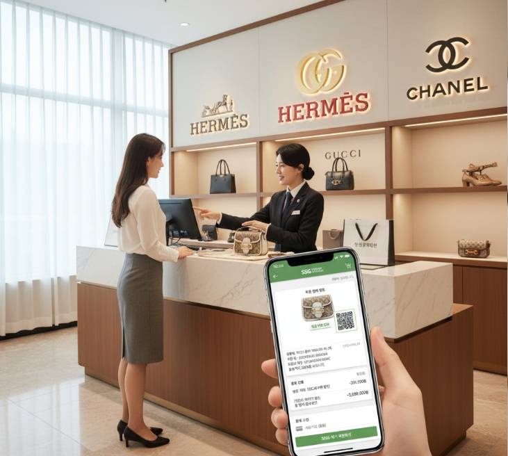 한 손에는 SSG닷컴 앱의 SSG 개런티 화면이 보이는 스마트폰을 들고 있고, 배경으로는 백화점 내 명품 매장 A/S 접수 데스크에서 직원이 고객을 응대하고 있다. 벽면에는 에르메스, 구찌, 샤넬 등 명품 브랜드 로고가 보인다.