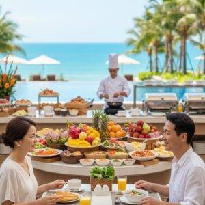 CJ온스타일,베트남 다낭 패키지, 해변을 배경으로 한 리조트 야외 테라스에서 한 부부가 다양한 음식이 차려진 뷔페를 앞에 두고 식사를 즐기고 있는 모습.