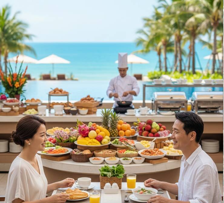 CJ온스타일,베트남 다낭 패키지, 해변을 배경으로 한 리조트 야외 테라스에서 한 부부가 다양한 음식이 차려진 뷔페를 앞에 두고 식사를 즐기고 있는 모습.