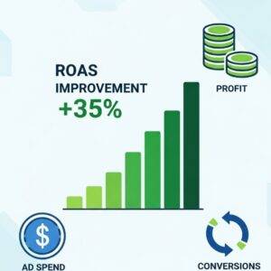 'ROAS 35% 개선'이라는 문구와 함께 상승하는 막대그래프 인포그래픽.