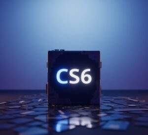 깨진 신용카드 조각들 위에 놓인, 'CS6' 로고가 빛나는 견고한 검은색 소프트웨어 상자. 배경은 푸른색 그라데이션이다.