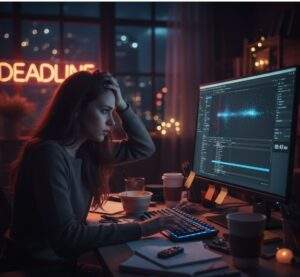 늦은 밤, 컴퓨터 앞에서 마감 기한("DEADLINE" 네온사인)에 지쳐 머리를 감싸 쥐고 있는 여성 모션그래픽 디자이너