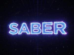 'SABER'라는 글자가 네온사인처럼 밝게 빛나며 전기적인 효과와 함께 어두운 그리드 배경 위에 떠 있는 모습