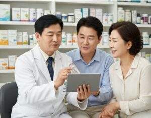 혈관 건강 영양제: 전문가가 가정집 거실 소파에 앉아있는 중년 부부에게 태블릿 PC 화면 속 'IFOS 5-STAR' 인증 마크를 보여주며 영양제 제품을 추천하고 있습니다.