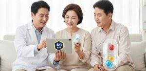 상담 테이블에 앉은 약사가 맞은편 중년 부부에게 다양한 색상의 작은 구슬들이 가득 담긴 대형 투명 캡슐 모형을 보여주며 성분에 대해 설명하고 있습니다.