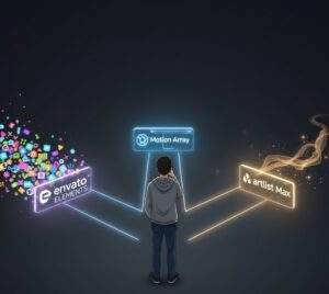 모션그래픽 템플릿 사이트: 한 사람이 갈림길에 서서 Envato Elements, Motion Array, Artlist Max 로고가 빛나는 세 가지 길 중 하나를 선택하려는 모습. 각 길은 로고에 맞는 스타일(다채로운 아이콘, 깔끔한 인터페이스, 황금빛 효과)로 표현되어 있다.