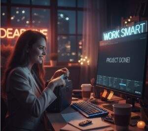 환하게 웃으며 가방을 챙기는 여성 모션그래픽 디자이너. 컴퓨터 모니터에는 "PROJECT DONE!" 문구와 "WORK SMART" 네온사인이 빛나고 있다.