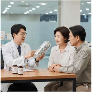흰 가운을 입은 전문 약사가 약국을 찾은 중년 남성 고객에게 태블릿 PC 화면을 보여주며 영양제에 대해 신뢰감 있게 설명하고 있는 모습.