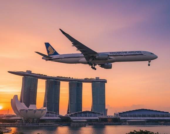 싱가포르 마리나 베이 샌즈 상공을 석양 속에서 비행하는 싱가포르 항공 비행기