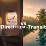 싱가포르 항공 발리 경유: 비행기 창밖 구름과 발리 풀빌라 일몰 풍경이 대비되는 이미지. 중앙에 "Direct Flight vs Transit" 텍스트.
