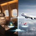 싱가포르 항공 비즈니스 좌석과 아시아나 항공기가 좌우로 대비되고, 중앙에 크리스플라이어와 아시아나 클럽 로고가 새겨진 저울이 그려진 이미지