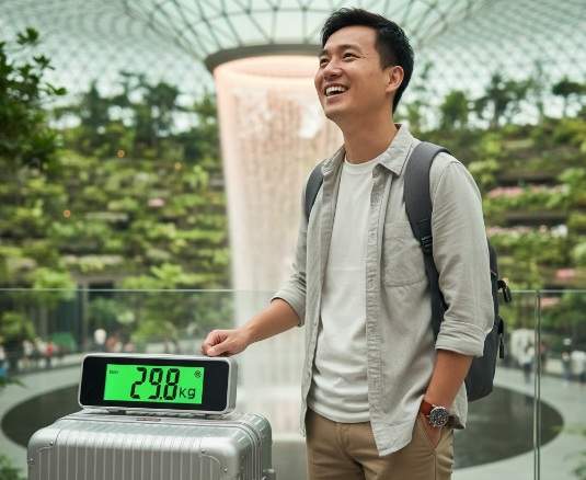 싱가포르 항공 수하물 규정 글의 대표 이미지, 싱가포르 창이 공항 쥬얼 내 인공 폭포 앞에서 수하물 무게 29.8kg이 찍힌 캐리어를 보며 환하게 웃는 아시아인 남성 여행객.