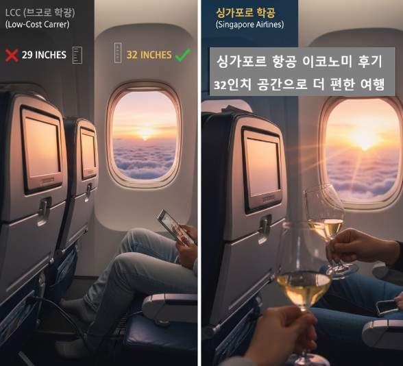 싱가포르 항공 이코노미 좌석 간격 32인치와 발받침대, 넓은 좌석을 배경으로 와인 건배하는 모습
