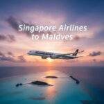 몰디브 상공을 비행하는 싱가포르 항공 비행기와 아름다운 일몰