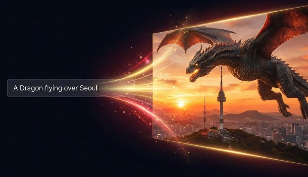 왼쪽의 텍스트 입력창에 "서울 상공을 나는 용"이라는 글자가 있고, 오른쪽의 화면에서 거대한 용이 남산타워 위를 나는 영화 같은 장면이 폭발하듯 튀어나오는 분할 화면 이미지