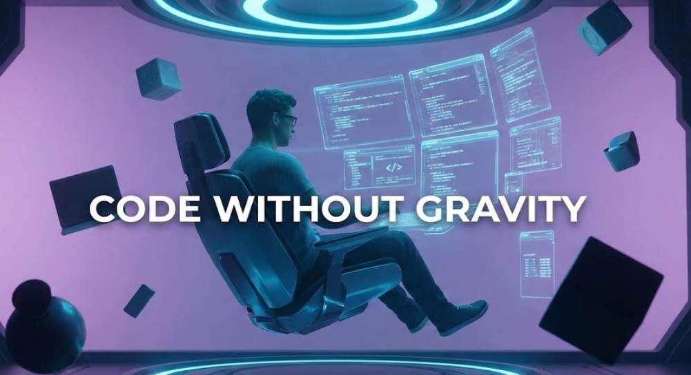 미래지향적인 개발자가 무중력 상태의 의자에 앉아 홀로그램 코드 화면을 보고 있으며, 중앙에 'CODE WITHOUT GRAVITY'라는 문구가 떠 있다. 구글 Antigravity가 가져올 혁신적인 코딩 경험을 상징한다.